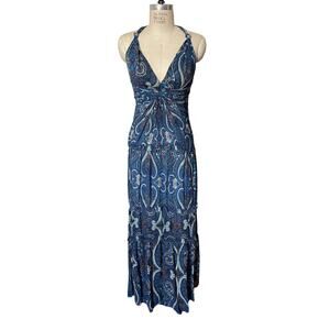 Intermix Mury 100% Silk Paisley Print Tiered Maxi Dress in Blue Boho Size Small